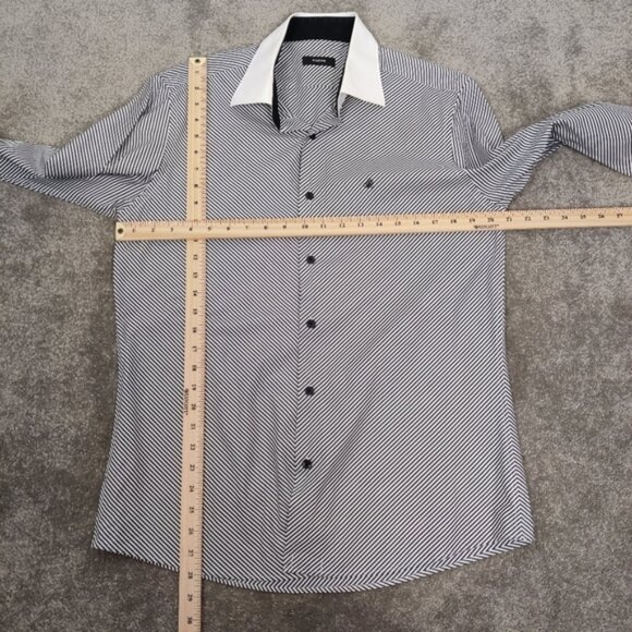 Sarar Men's Color Block Striped Button Down Shirt in Black White Cotton Office - Picture 6 of 9